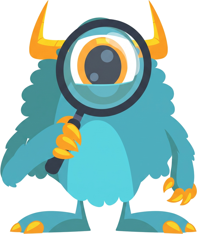 The Monster Websites mascot inspecting local search rankings with a magnifying glass
