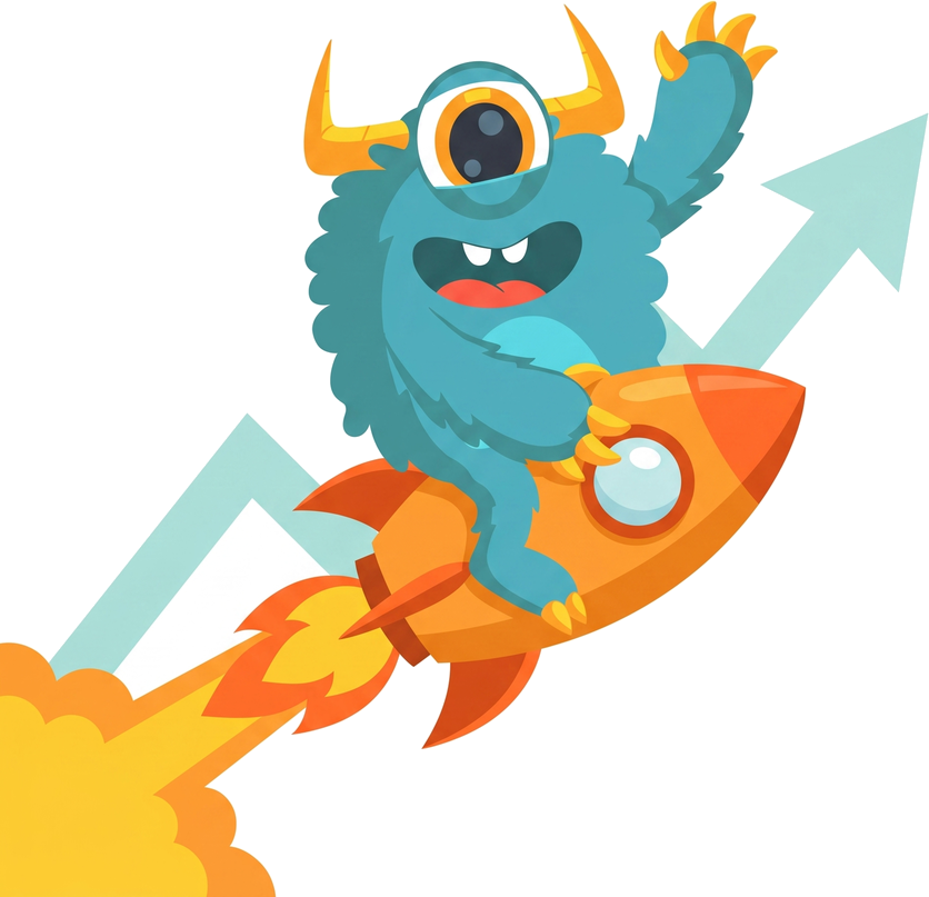 Monster Websites mascot riding a rocket