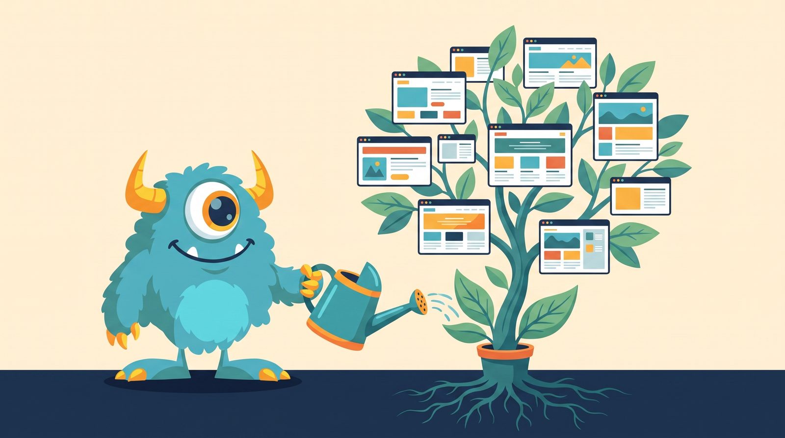 The Monster Websites mascot watching a small business grow from a first website to a busy storefront
