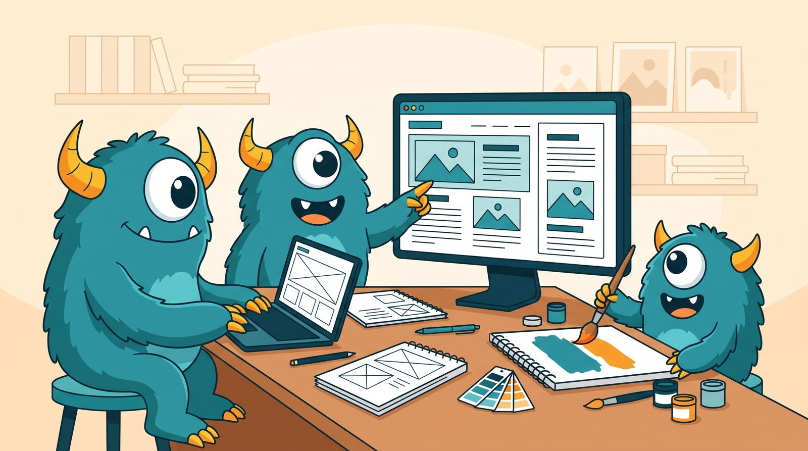 The Monster Websites team of mascots collaborating on a client website build