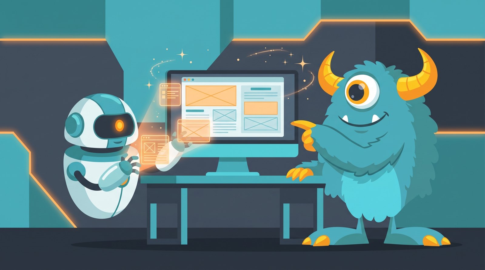 Monster Websites mascot and an AI robot building a website together