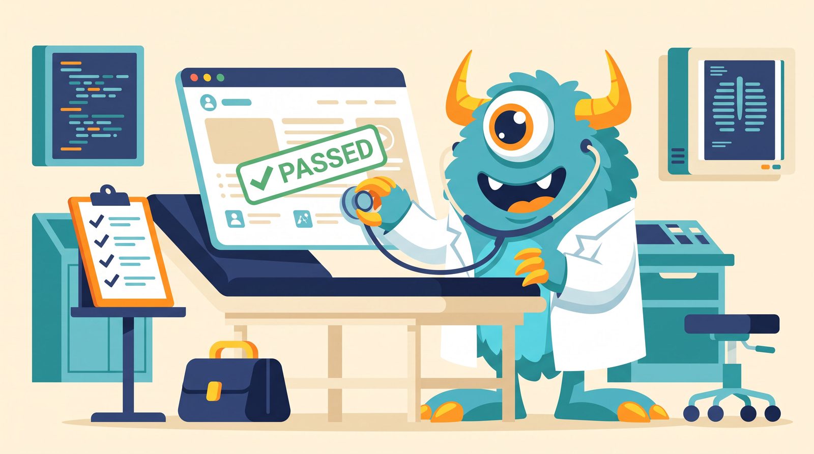 The Monster Websites mascot giving a website a health checkup with a clipboard report