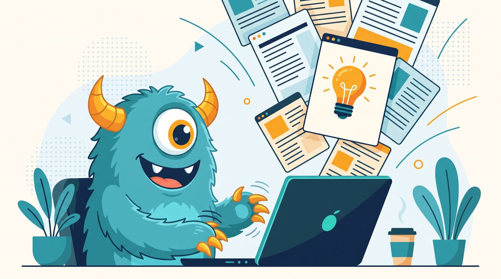 The Monster Websites mascot writing blog posts at a desk with published articles floating around
