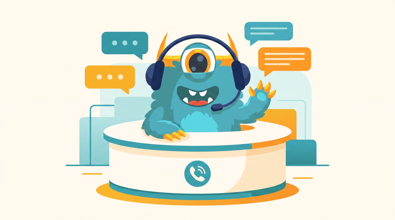 The Monster Websites mascot answering a customer support call at a help desk