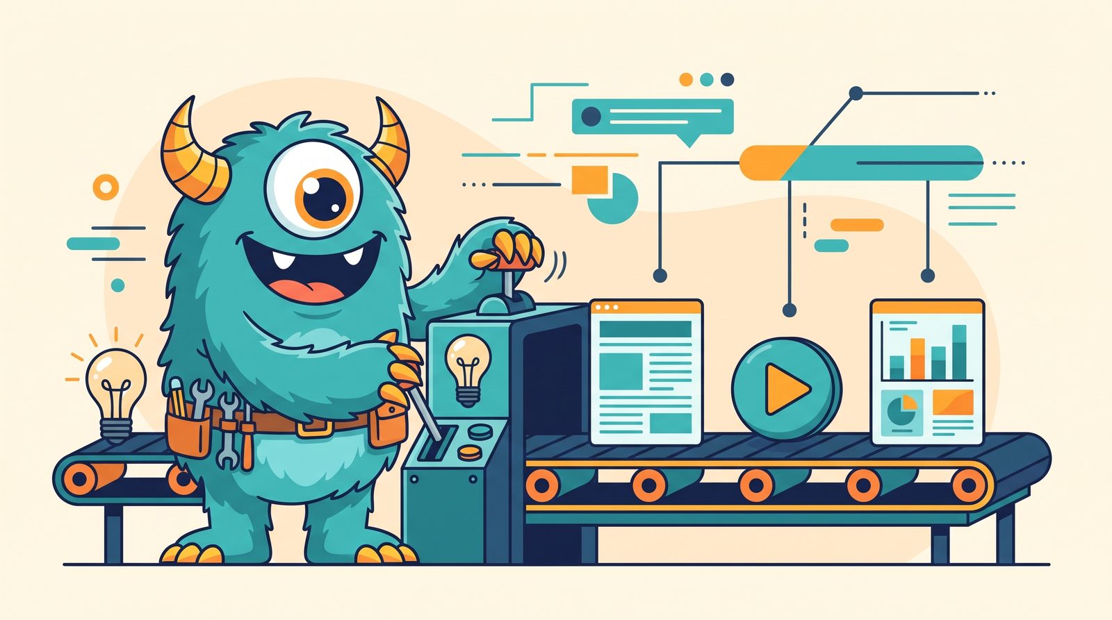 The Monster Websites mascot running a content factory of press releases and blog posts