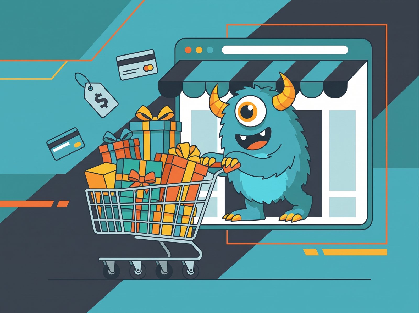 Monster Websites mascot pushing a full shopping cart out of an online store