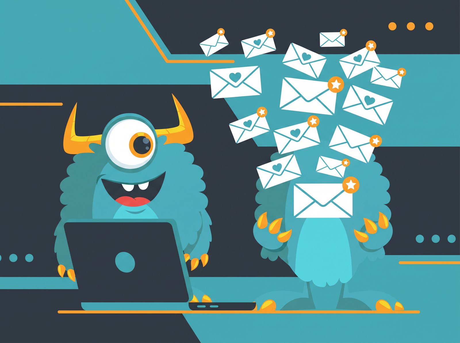 The Monster Websites mascot sending a cloud of email newsletters from a laptop