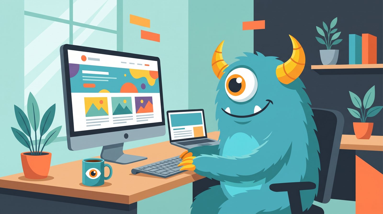Monster Websites mascot at a design desk building a custom WordPress website
