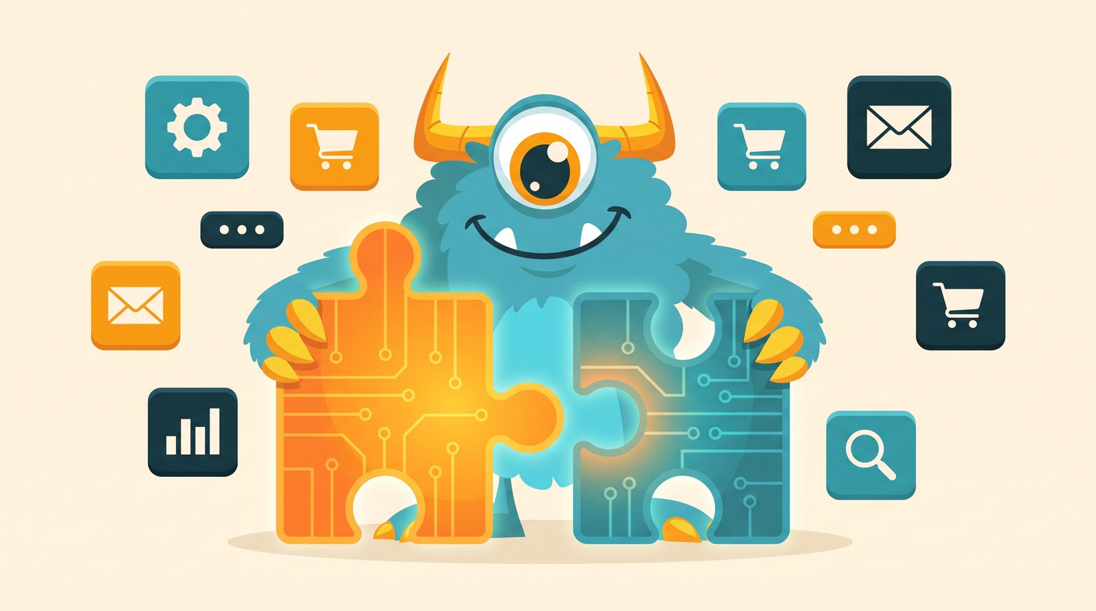 The Monster Websites mascot fitting integration puzzle pieces together