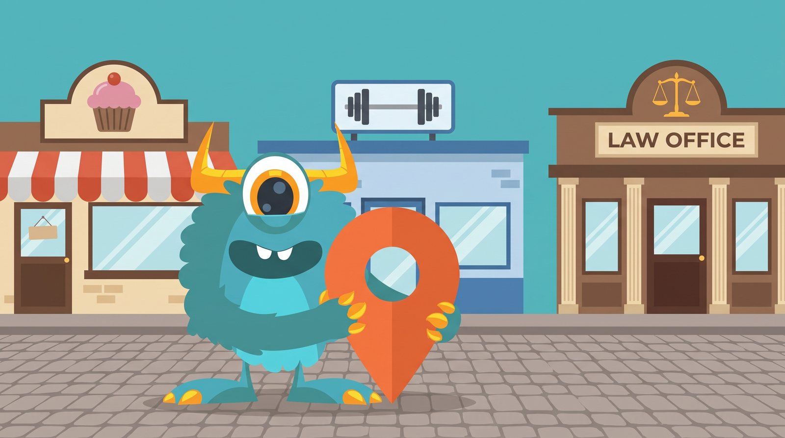 Monster Websites mascot on a local main street of small businesses