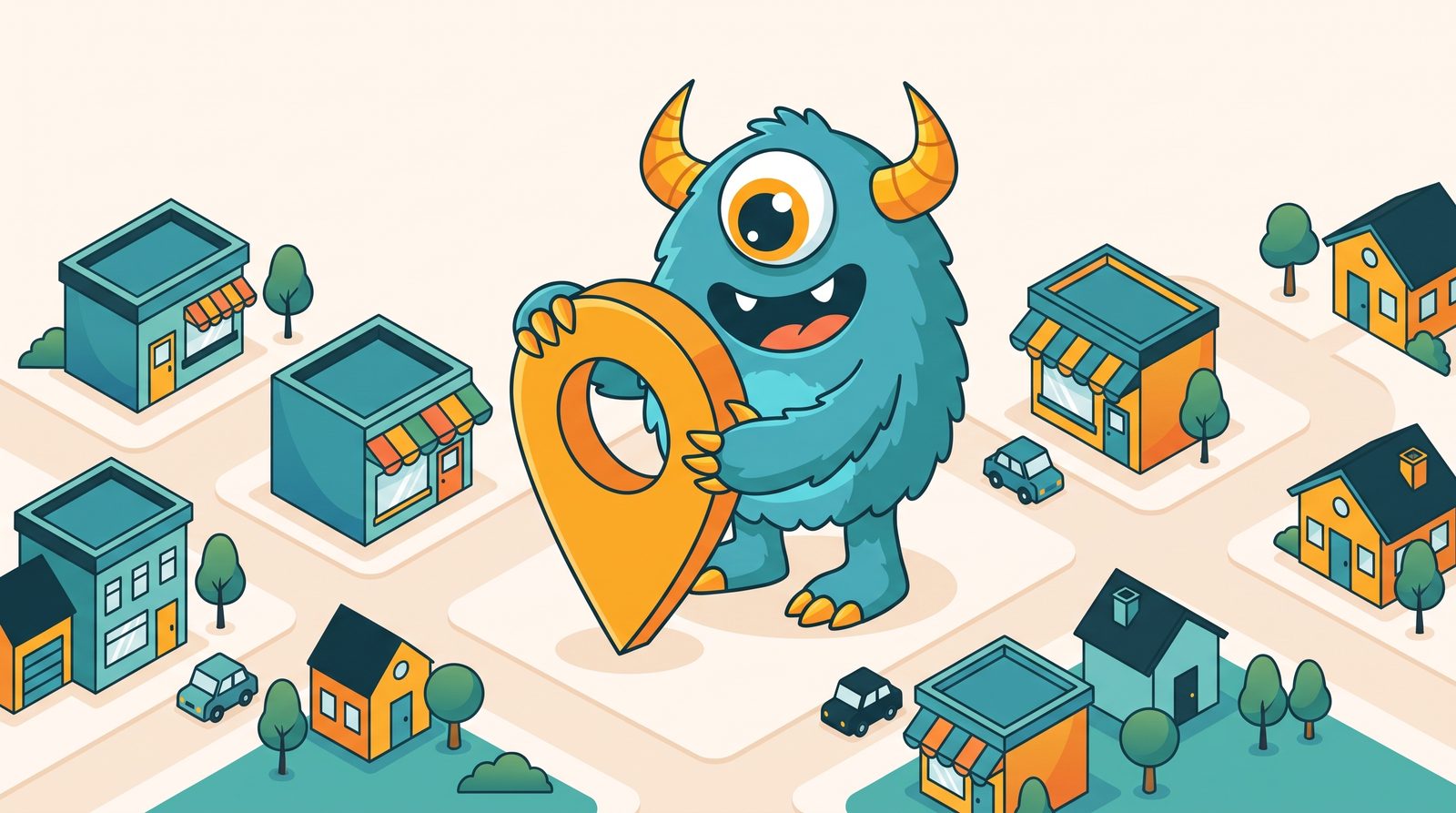 The Monster Websites mascot pinning a local map with review stars and a five-star business listing