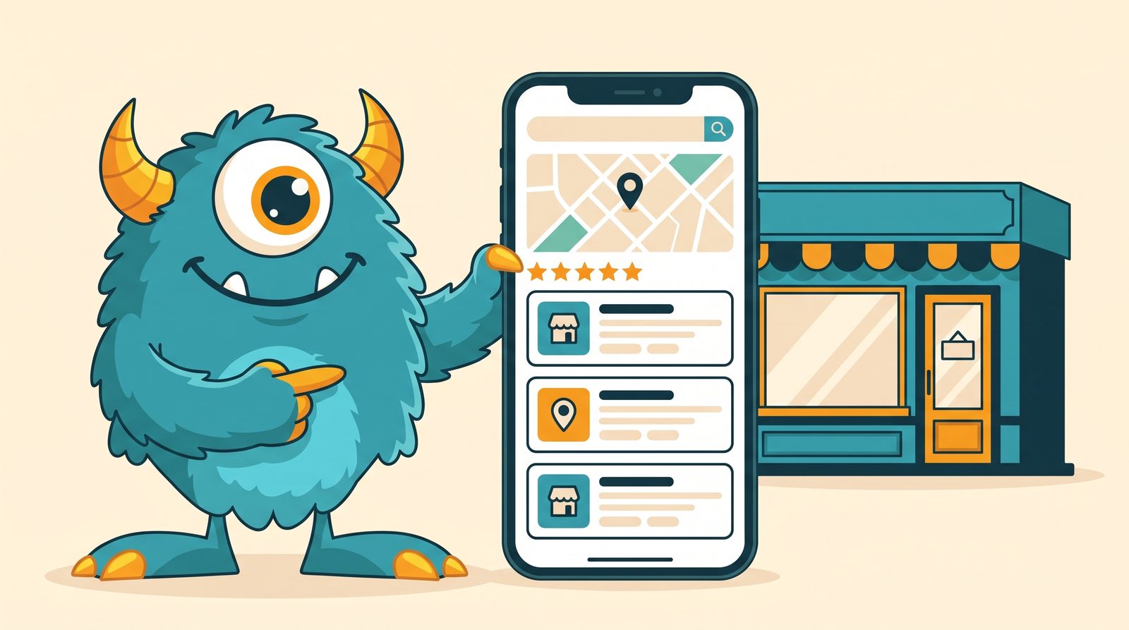 The Monster Websites mascot pointing at a phone showing the Google map pack with the client ranked first