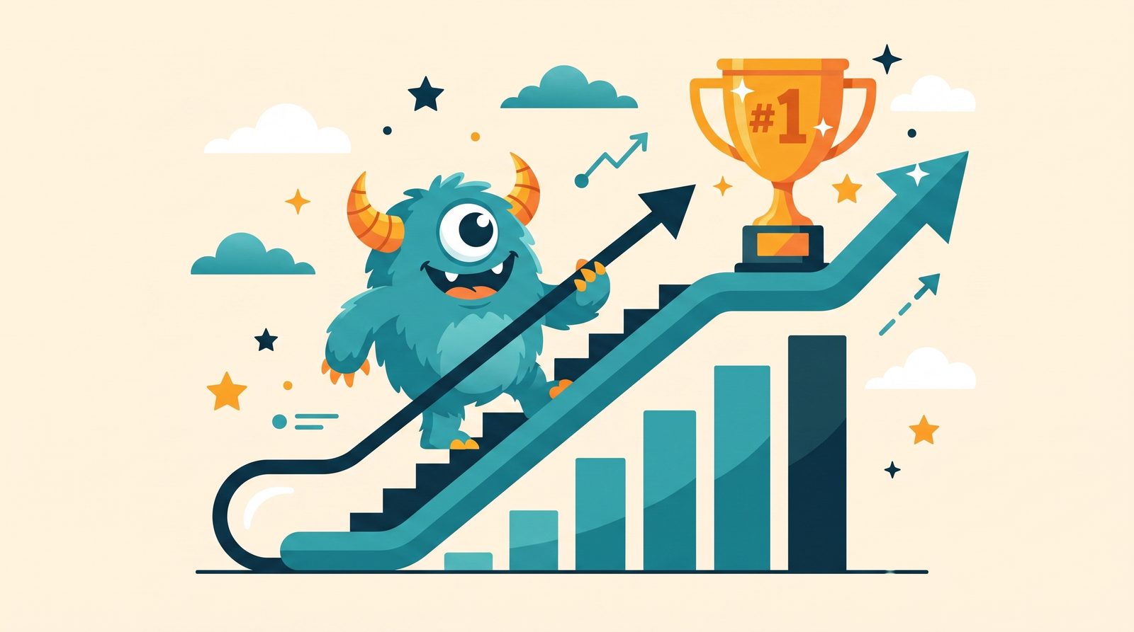 The Monster Websites mascot riding a rocket up a rising traffic chart