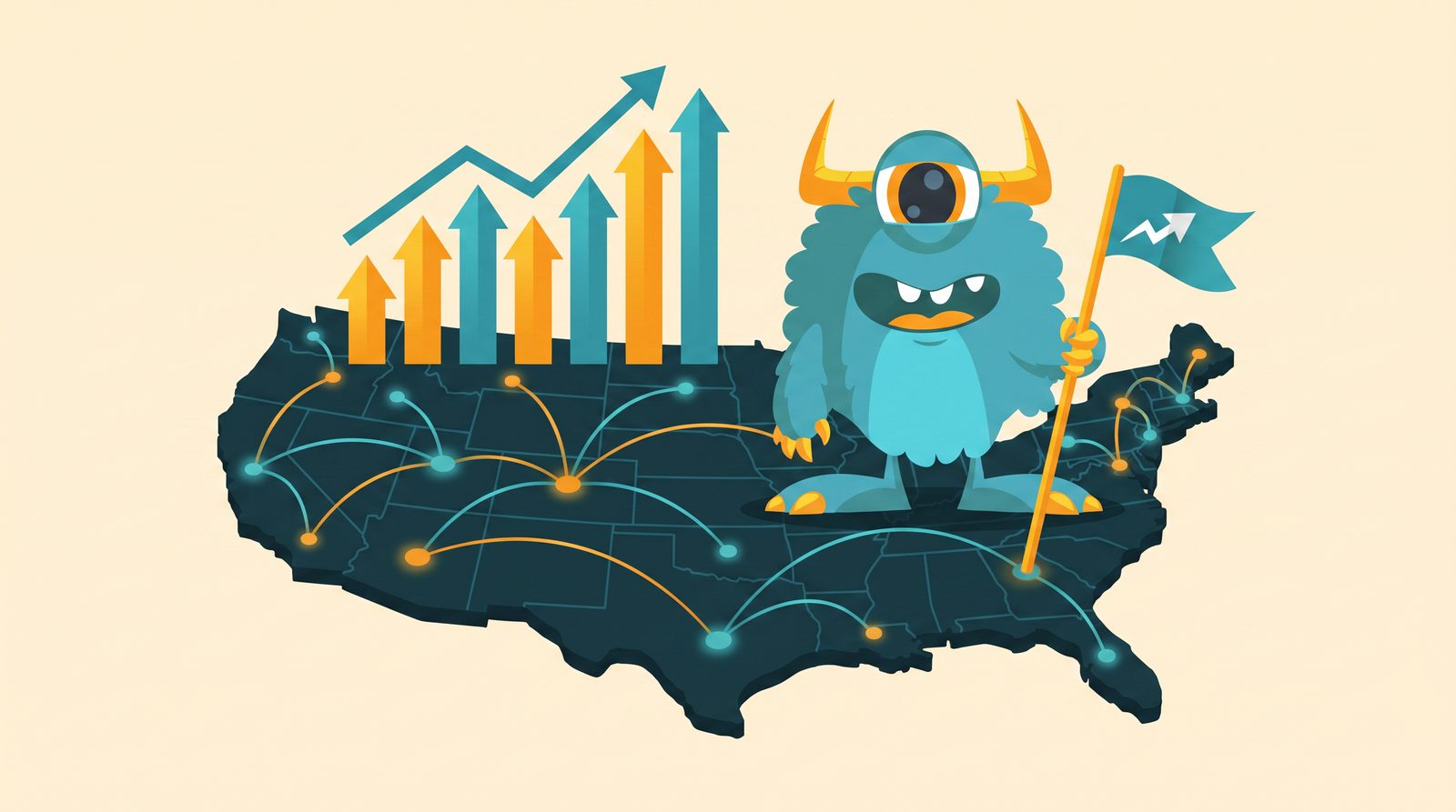 The Monster Websites mascot standing on a US map with search result pins across the country