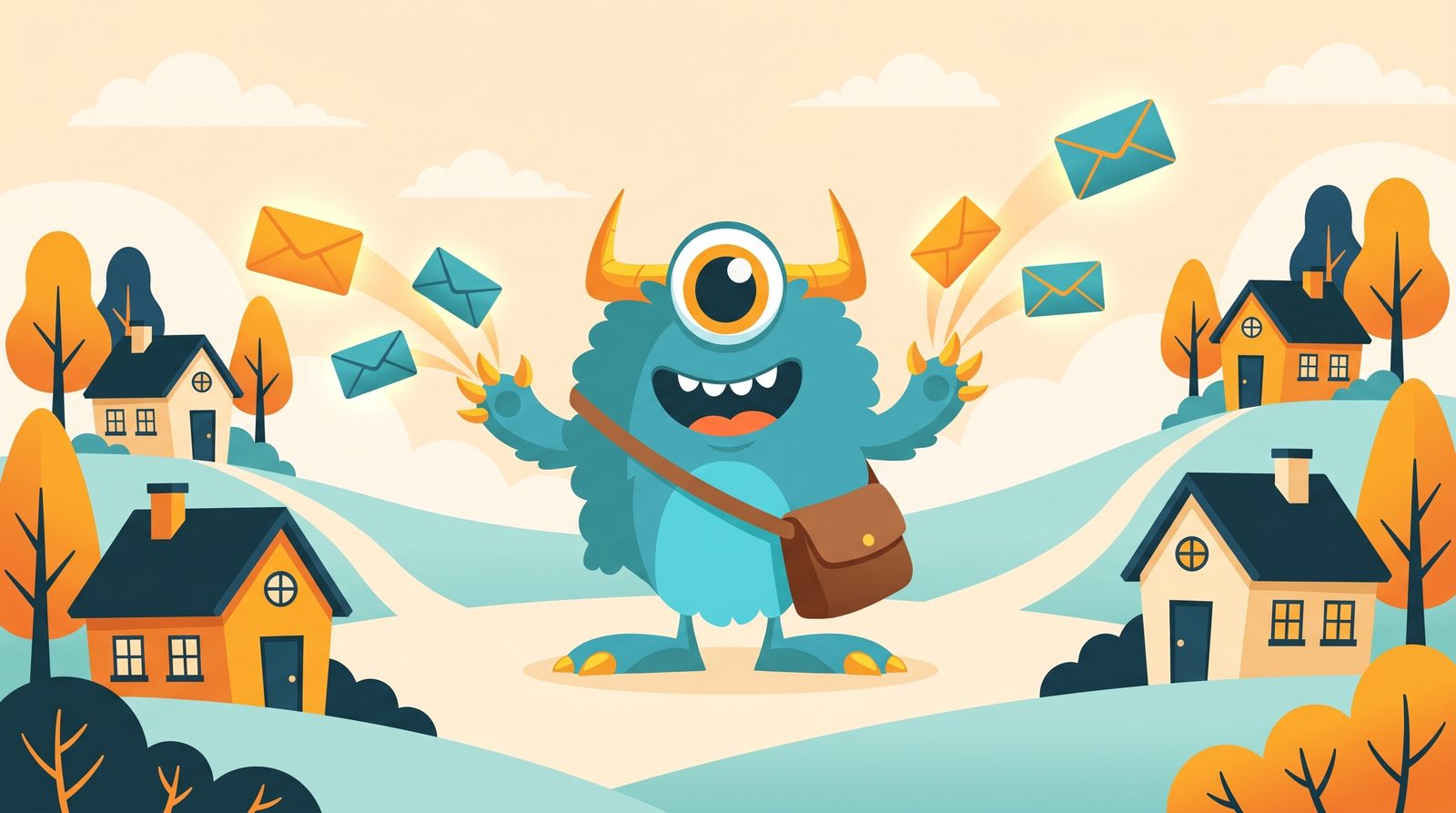 The Monster Websites mascot delivering the monthly newsletter to inboxes
