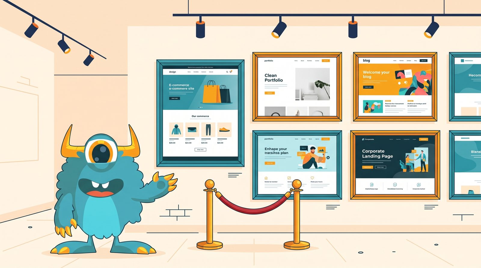 The Monster Websites mascot presenting a gallery wall of finished client websites