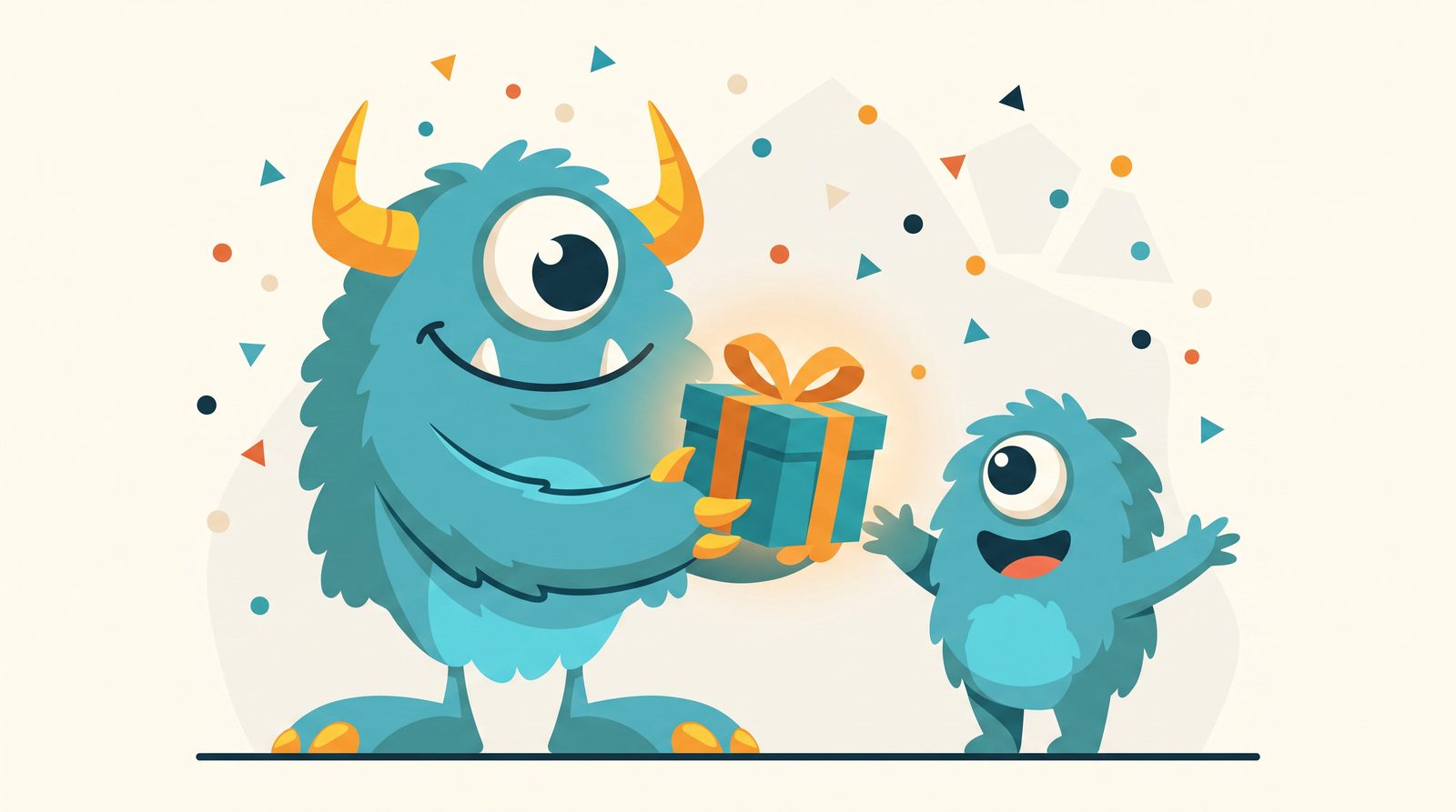 The Monster Websites mascot handing a partner a gift box of recurring monthly commissions