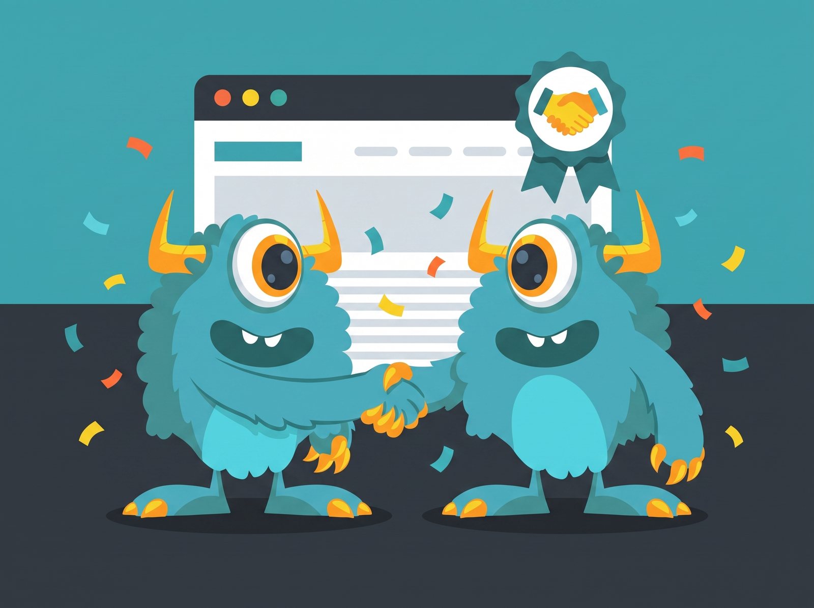 Monster Websites mascot shaking hands with a new partner
