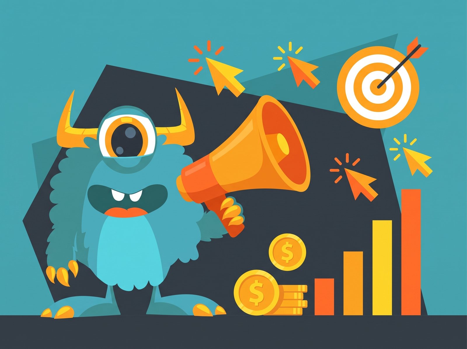 The Monster Websites mascot shouting through a megaphone beside click targets and rising campaign results
