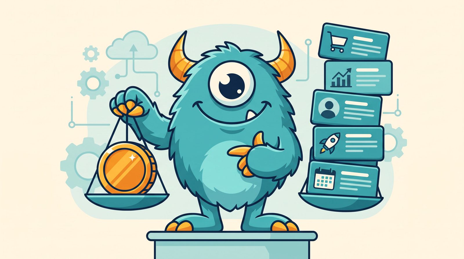 The Monster Websites mascot showing everything included in a managed Monster Site plan for one low monthly fee