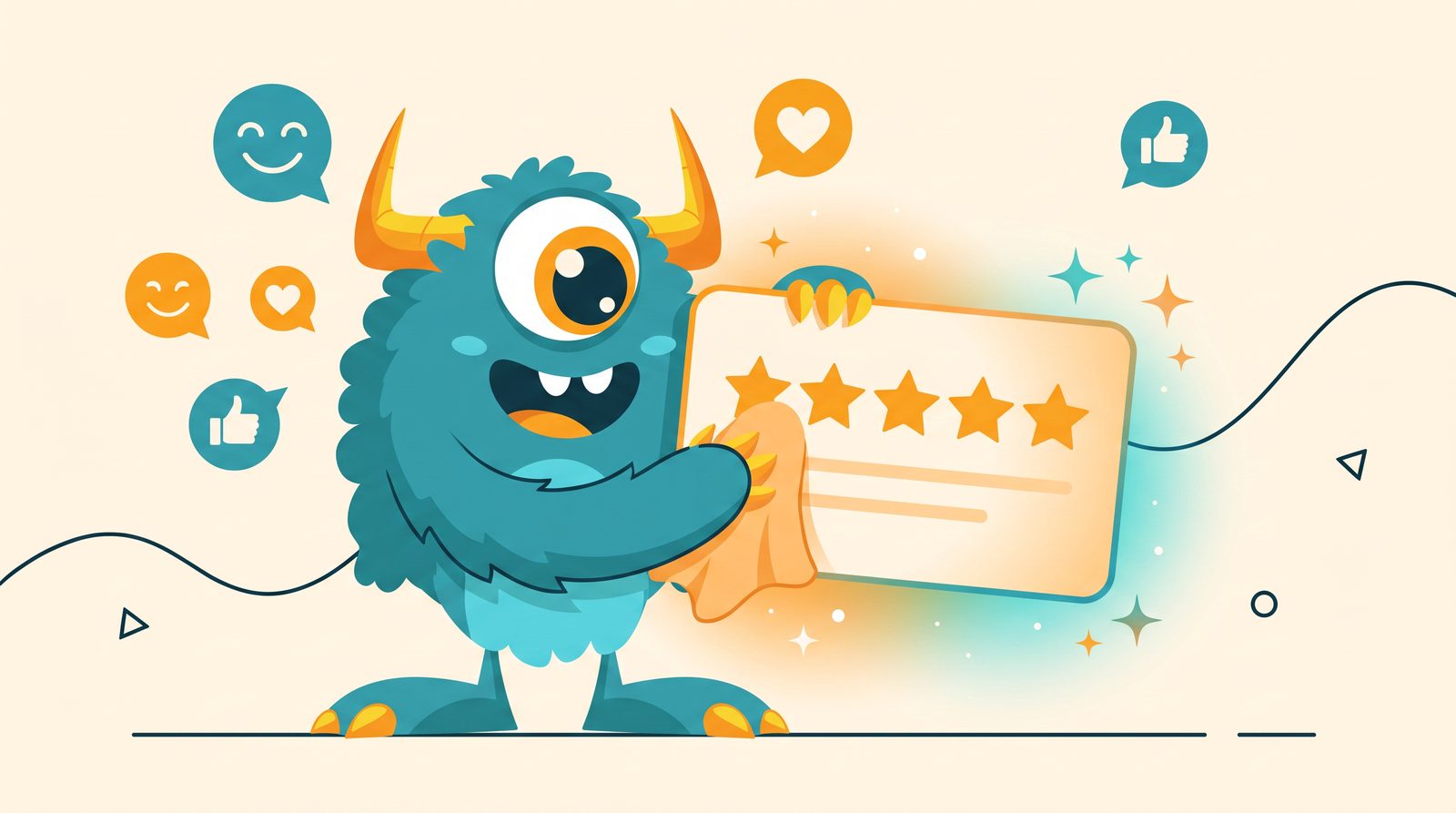 The Monster Websites mascot holding up glowing five-star customer reviews