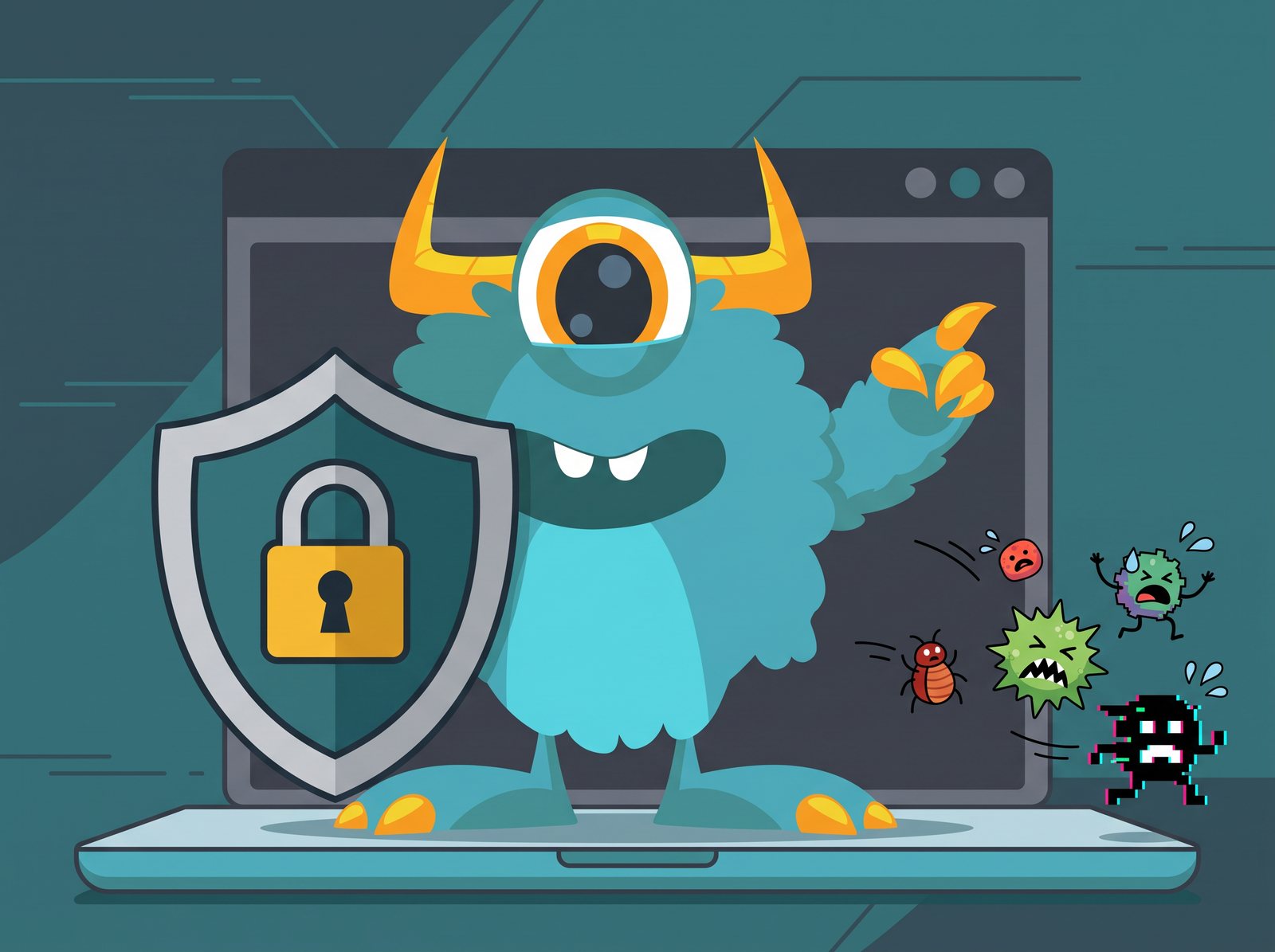 Monster Websites mascot guarding a website behind a security shield