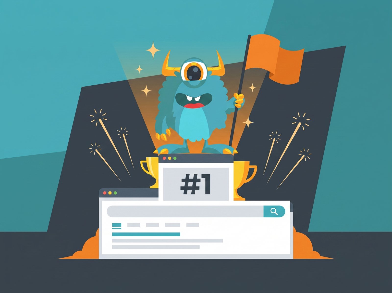 The Monster Websites mascot on a number one podium with trophies after a local SEO win