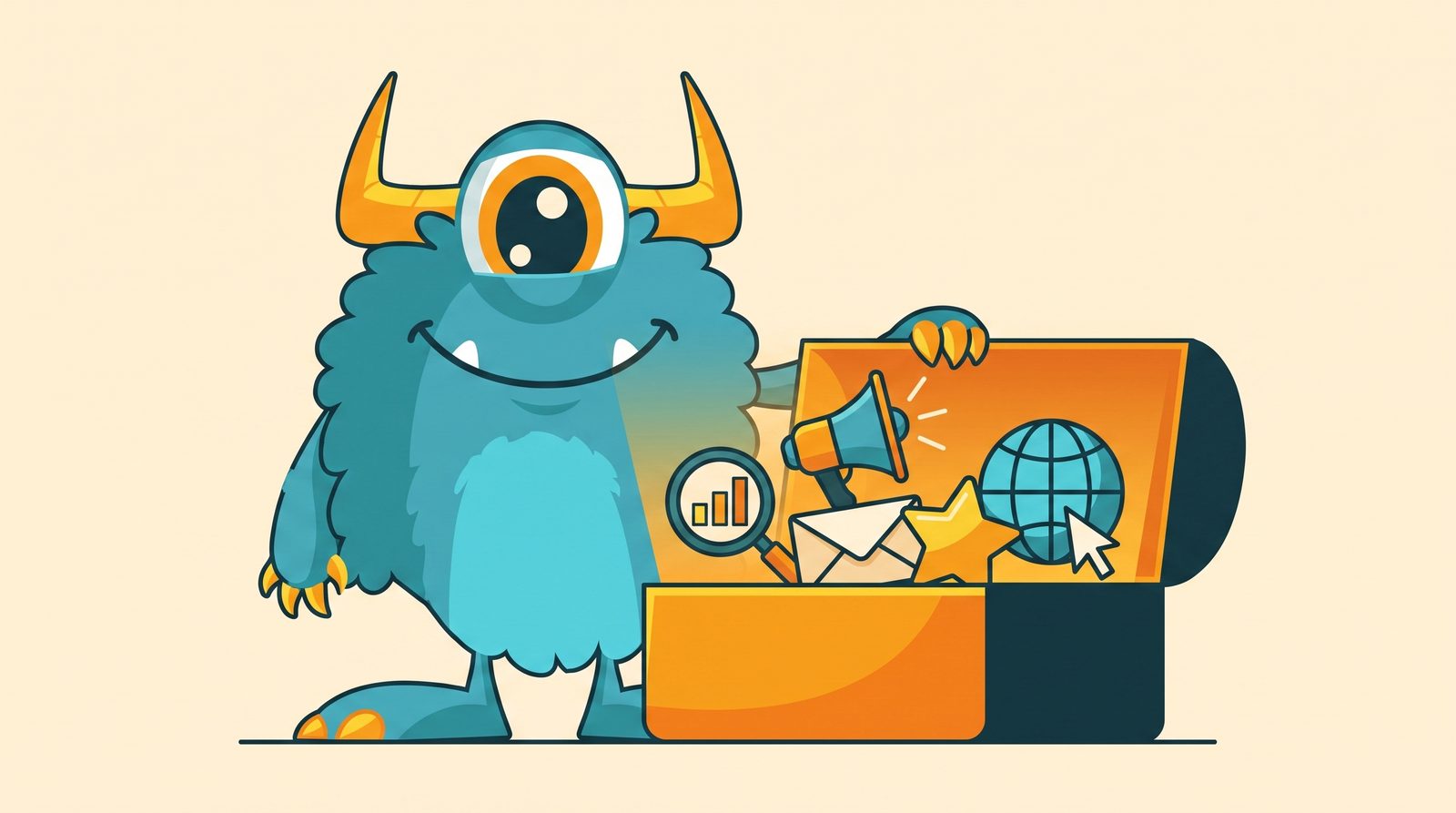 The Monster Websites mascot with a toolkit of internet marketing tools — SEO, ads, social and email