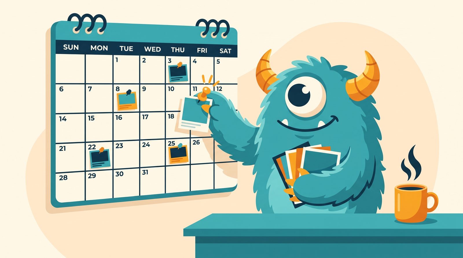 The Monster Websites mascot filling in a social media content calendar with scheduled posts