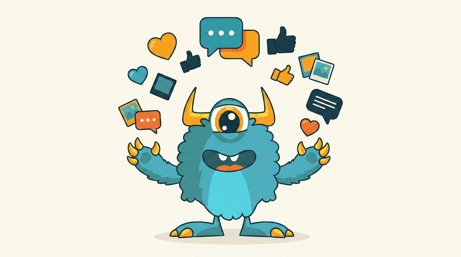 The Monster Websites mascot juggling social media app icons and engagement bubbles