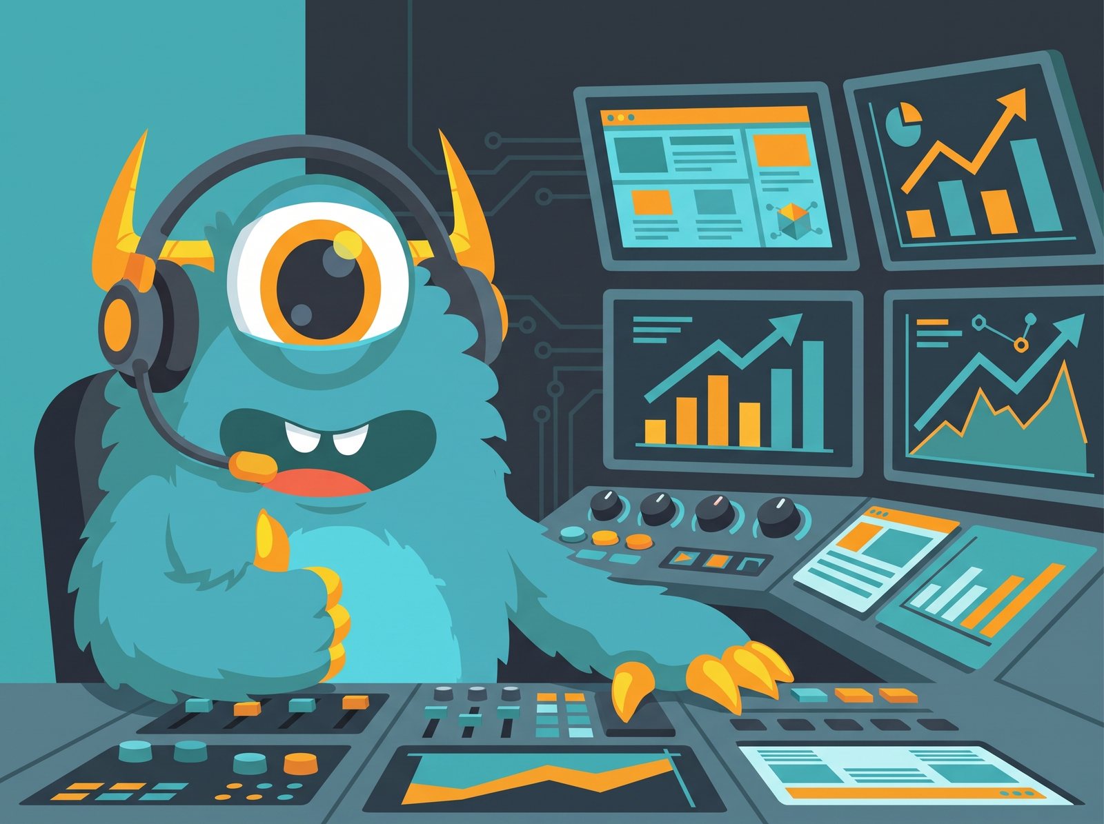 Monster Websites mascot wearing a headset managing fully managed client websites